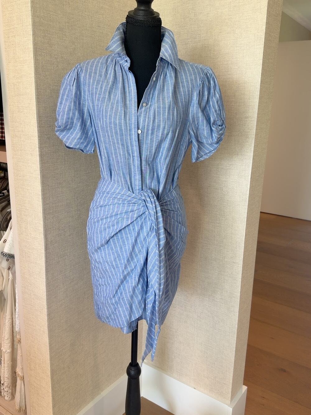 Cinq à Sept Tira Linen Pinstripe Puff-Sleeve Shirtdress Sz 2